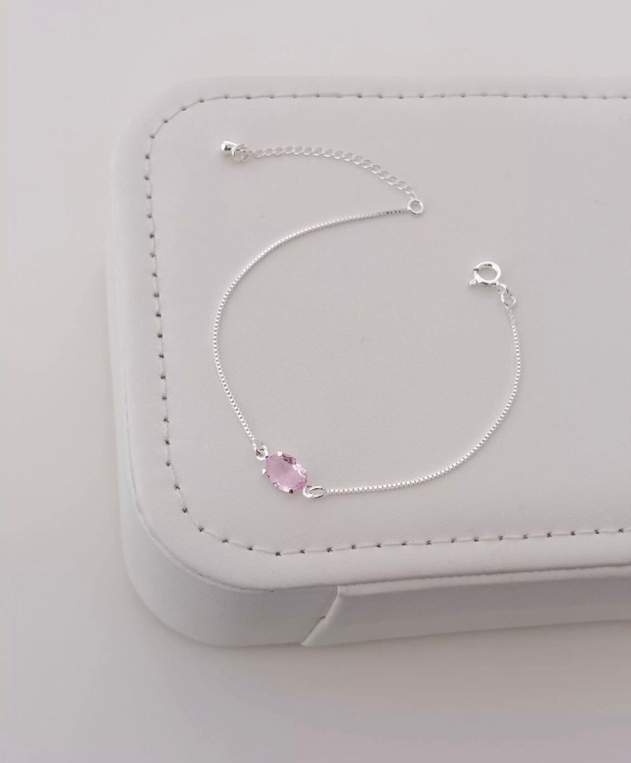 Pulseira pedra oval rosa claro - Prata